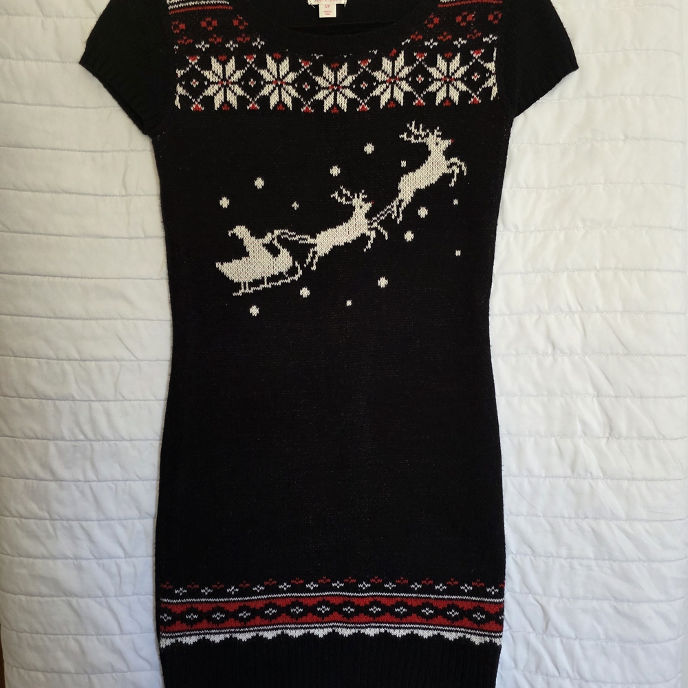 Short Black Sweater Dress with Festive Design